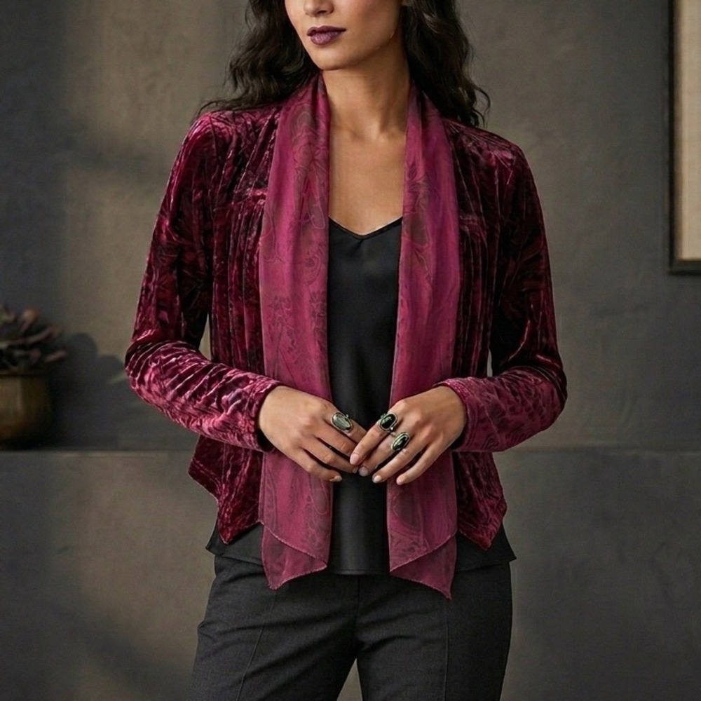 Crushed Velvet Whimsigoth Witchy Burnout Open Front Cardigan Sz‎ S Steampunk